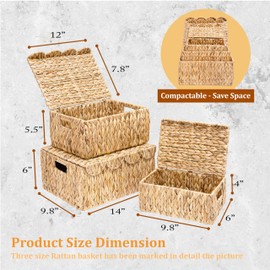 LUSYDECO Set of 3 Scalloped Edge Wicker Basket with Lid, Rectangle Wicker Storage Basket with Built-in Handles, Multipurpose Organizer Rattan Display Boxes for Shelf, Nursery Room