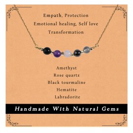 Gracayfr Gold Plated Amethyst Rose Quartz Necklace Black Tourmaline Hematite Labradorite Necklace Empath Protection Natural Stone Healing Crystal Necklace Spiritual Women Horizontal