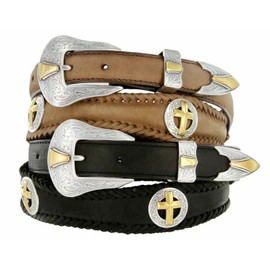 Antique Gold Cross Conchos Crazy Horse Scalloped Genuine Leather Western Belt 1"(25mm) Wide (Brown, 38)