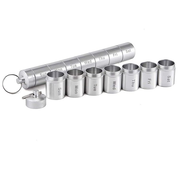 Peakpet Pill Box Key Ring 7 Days Pill Box Waterproof Aluminium Pill Box 7 Compartments Medicine Box with Carabiner for Camping Travel On the Go Hiking (Silver)