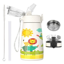 OLDLEY 350ml/12oz Kids Stainless Steel Water Bottle with Straw for School with 2 Different Lid Metal Vacuum Insulated Water Bottles Small Flask for Boys Girls Toddler Children Hot Cold Drinks BPA Free