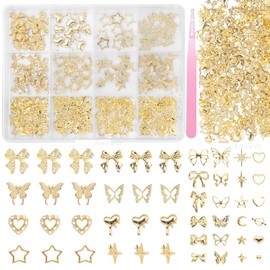 Gold Nail Charms, Butterfly Star Heart Bow Nail Golden Charms, Multi Shapes Hollow Butterflies Bowknot Hearts Stars Gold Rivets Nails Studs Charm for Nails Art Supplies DIY Accessories