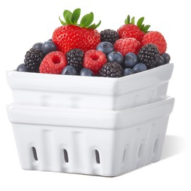 ONEMORE Berry Basket Ceramic Berry Bowls with Holes Square Fruit Bowl Berry Colander Containers for Fridge - 5.8" Fruit Basket for Kitchen Décor, Set of 2, White