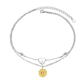Sterling Silver Layered Chain Alphabet Letter Initial J with Sunflower Beads Foot Bracelet Anklet for Women
