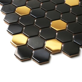 Blujellyfish Black and Gold Backsplash Wall Tiles Hexagon Mosaic Shower Floor Tile Kitchen Bathroom Tile (Box of 5 Sheets)