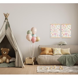 ShowDraven Boho Girl Nursery Wall Decor, Girl Power Pastel Floral Poster Framed with Wood Hanger for Girls Nursery Room Playroom Decor, 12x16 Inch Set of 2