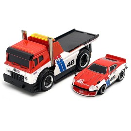 DCD JDM Flatbed Truck #46 Red and White with Blue Stripes and 1972 Datsun 240Z #46 Red and White with Blue Stripes "BRE" "Muscle