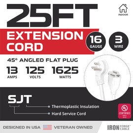 Iron Forge - Cable de extensión plano de 25 pies, cable de extensión de perfil bajo de 25 pies con enchufe plano en ángulo de 45°, cable de extensión de interior blanco de 16 AWG con enchufe de tierra de 3 puntas, SJT, propiedad de veteranos de EE. UU