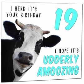 19th Birthday Card for Men Women Cow Pun Funny Birthday Card for 19 Year old teenage Girls Daughter Granddaughter Sister Kids nineteen, nineteenth Niece cousin