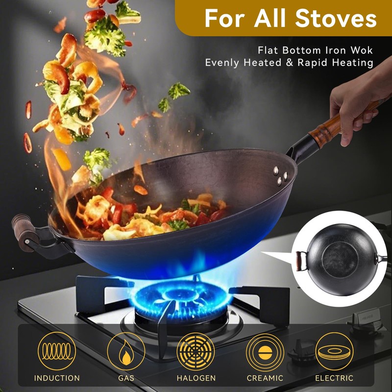 WANGYUANJI Cast Iron Wok,13.4 inch Flat Bottom Wok with Glass
