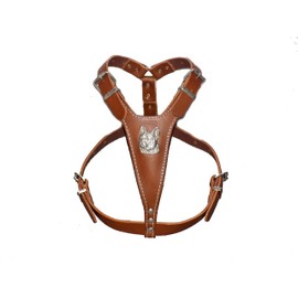 Brown Medium Leather Dog Harness with French Bulldog Head Motif