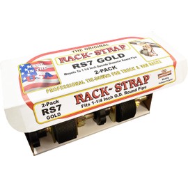 2 Pack, Rack-Strap, The Original American Made Ladder Rack Tie-Downs, Round Mounting Bracket, RS7 Gold 1-1/4 Inch Diameter Round Mounting Bracket, Bolt Mounting Hardware Included, 8 Foot Black Strap