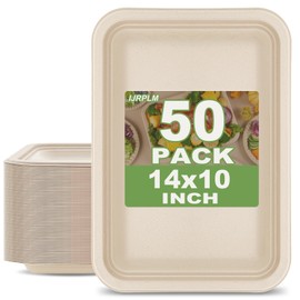 IJRPLM Disposable Food Trays,50 Pack 14 Inch Heavy Duty Disposable Trays,Extra Large Food Serving Trays,Compostable Paper Plates,Biodegradable Sugarcane Platters for Party BBQ Seafood Picnic
