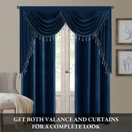 StangH Navy Blue Velvet Curtain Valances for Home Decoration, Luxury Waterfall Swag Valances with Beads for Bedroom Living Dining Room Office Theater, W59 inches, 1 Panel