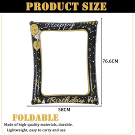 Happy Birthday Inflatable Selfie Frame Photo Booth Frame with 30Pcs Photo Booth Props,Black Gold Inflatable Picture Frame Blow Up Party Prop for Boys Girls Men Women Him Her Birthday Party Decorations