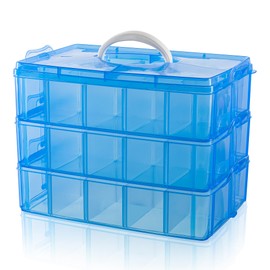 Daletu Sorting Boxes for Small Parts with Lid, Plastic Storage Box Small for Metal Parts, Beads, Building Blocks, Three Levels with Removable 30 Compartments, Transparent, Blue