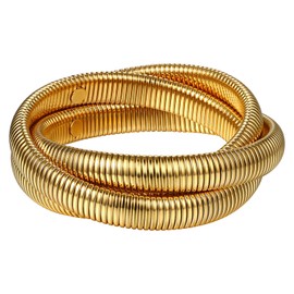 JewelryWe Ladies Multi-Layer Stretch Bracelet: Women's Elegant Gold Triple Layer Stainless Steel Elastic Bangle Titanium 18K Gold Plated Wrap Bracelet