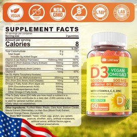LILICARE Sugar Free Vitamin D3 5000 IU Gummies + Methyl B12 Vitamins + Vegan Omega 3, Vegan Organic Vitamin D Gummies for Women Men with Vitamin ACE & Zinc for Energy, Mood, Muscle & Immune Support, 120Cts