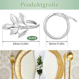 Pack of 16 Napkin Rings Silver, Metal Napkin Buckles, Leaves Napkin Holder, Elegant Napkin Buckles, Napkin Rings for Thanksgiving, Wedding Party, Family Dinner, Easter, Table Decoration