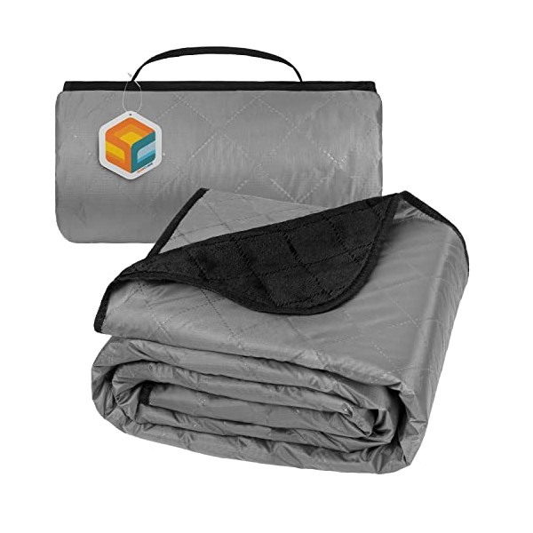 SUN CUBE Large Waterproof Outdoor Blanket, Fleece Lining, Windproof Stadium Blanket for Sports, Picnic, Park, Portable Camping Blanket, Car, Boat Travel, Machine Washable, 60x80, Grey/Black