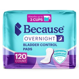 Because Because Incontinence Pads for Women - Extra Heavy Absorbency, Overnight Postpartum Incontinence Liners, 12hr Nighttime Leak-Free Protection, 120 Count (6 Packs of 20) New Version