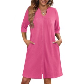 Ekouaer Zipper Robes for Women 3/4 Sleeve Waffle Knit Bathrobe Lightweight Short Housecoat with Pockets Soft Loungewear