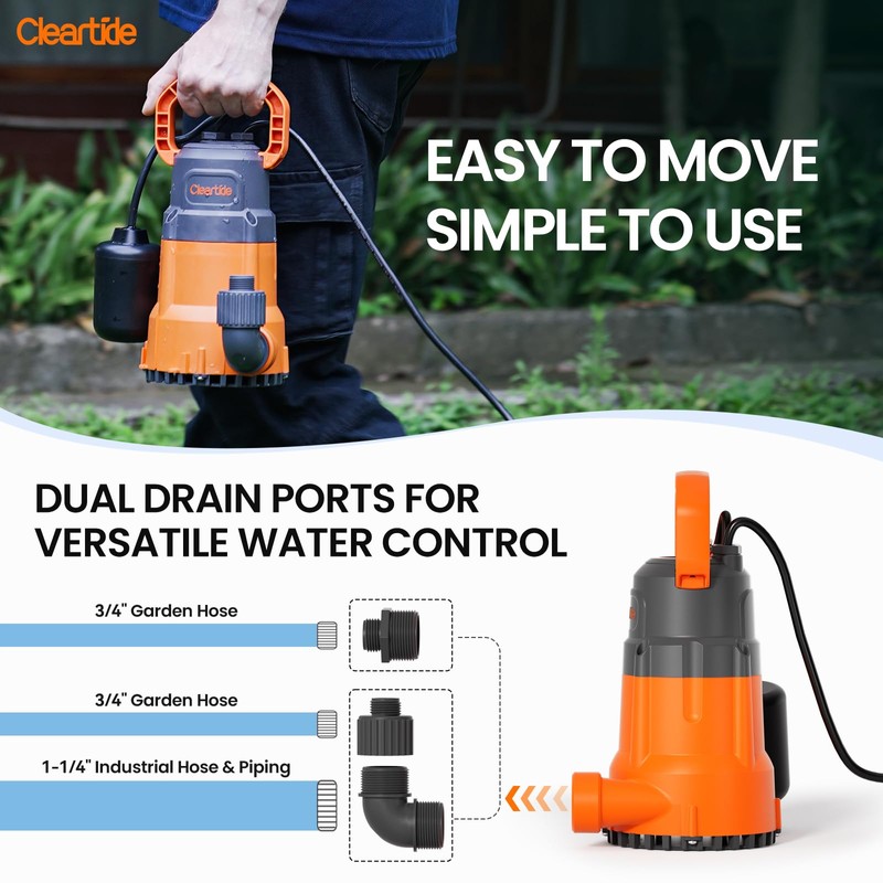 Cleartide Submersible Sump Pump with Tethered Float Switch, 1/2 HP