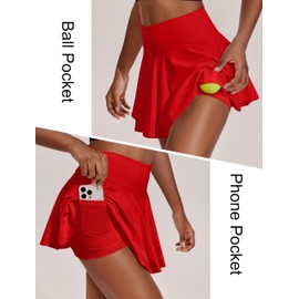 PINSPARK Women's Athletic Skorts Solid Breathable Tennis Skirts with 2 Pockets Pleated Pickleball Skirts, Red XL