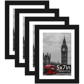 Tinkeps 4 Pack 7x5 Black Picture Frame, Engineered Wood and Plexiglass, 7x5 Frames with Mount for 4x6 inch Prints, Photos, and Posters, Tabletop and Wall Mountable