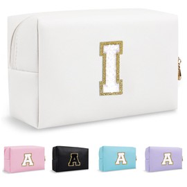 Lohhbve Small Minimalism Cute A-Z Makeup Bag, PU Leather Waterproof Cosmetic Bag Daily Use Toiletry Cosmetic Pouch, Portable Storage Travel Toiletry Bag for Women Girls Essential Cosmetic Organizer