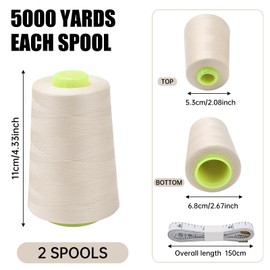 FOGAWA 5000 Yards Sewing Thread 2 Spools Overlocking Sewing Machine Polyester Thread Overlocker Thread 40S/2 Cream Sewing Thread Cones with Measuring Tape for Hand and Machine Sewing Crafts