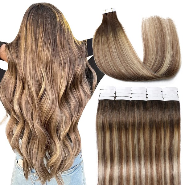 VINBAO Tape in Human Hair Extensions 20 Pcs 50 Gram Balayage Tape in Hair Color 3 Dark Brown Fading to 8 Ash Brown Highlight 22 Medium Blonde Straight Human Hair Tape in 22 Inch Double Weft (#3/8/22-22Inch)