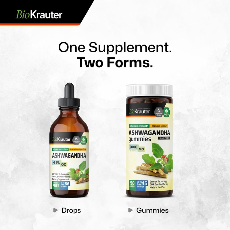 BIO KRAUTER® Ashwagandha Supplements - Liquid Drops Pure Vegan Ashwagandha