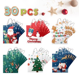 Kidtion Christmas Gift Bags 30 PCS, 7.5"x9"x3.5" Durable Christmas Bags with Tissue Paper, 6 Styles Gift Bags Bulk with Handles, Reusable Small Gift Bags Xmas Paper Bags, Party Favors Holiday Gift Bags