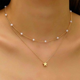 Aneneiceera Vintage Layered Pearl Star Choker Necklace Gold Star Pendant Necklace Station Pearl Necklace Tiny Pearl Chain Necklace Jewelry for Women
