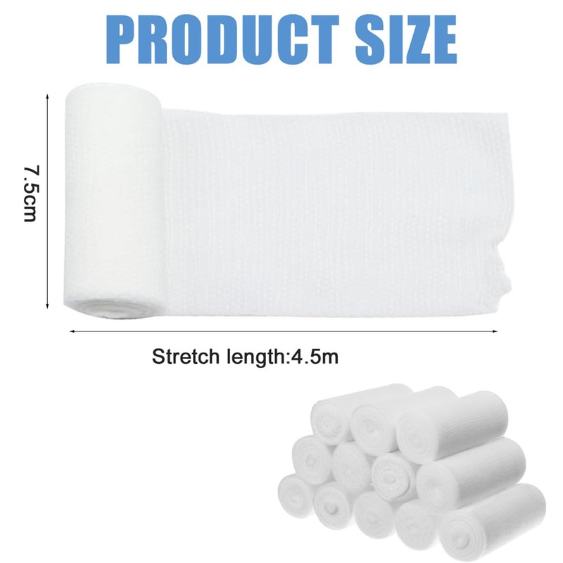 12 Gauze Bandage Rolls 7.5cm x 4.5m Stretched Conforming Retention