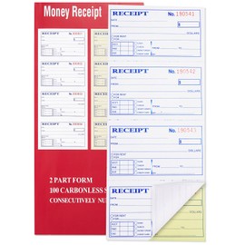 Receipt Book with Carbon Copies, 2-Part carbonless, 100 Sets per Book, 4 Receipts per Page