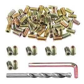 Swpeet 60Pcs 1/4" - 20 x 20mm Carbon Steel Color Zinc Plated Wood Inserts and 11mm Twist Drill with 1Pcs Wrench Assortment Kit, Bolt Furniture Screw in Nut Threaded Fastener Connector Hex Socket Drive