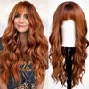 KOME Orange Wigs with Bangs,Ginger Long Wavy Wig for Women,Long