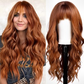 KOME Orange Wigs with Bangs,Ginger Long Wavy Wig for Women,Long Curly Synthetic Hair Wig for Party Daily Use 24IN