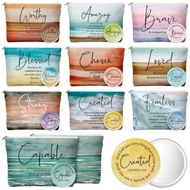 Reginary 10 Sets Christian Gifts for Women Include 10 Religious Canvas Makeup Bags with 10 Bible Verse Compact Mirrors Church Inspirational Gifts for Travel Mom Sister(Bright Colors,Bible Words)