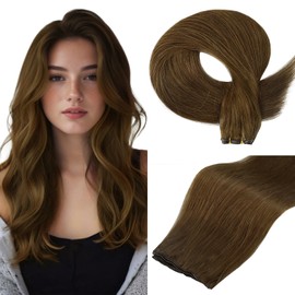 Full Shine Genius Weft Hair Extensions Human Hair Hand Tied Weft Hair Extensions Color Medium Brown Hair Extensions for Women Remy Human Hair Extensions 50G 14 Inch