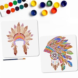 MAYJOYDIY 2 Pcs Tribal Headdress Stencil Tribal Chief Stencils for Painting 11.8x11.8 Inches Aztec Feather Dreamcatcher Drawing Templates with Paint Brush for Wood Wall Home Gift Decoration