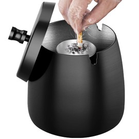 Ashtray with Lid (10 x 9 x 10 cm) - Ashtray for Outdoors, Large Outdoor Ashtray, Wind Ashtray Stainless Steel, Storm Ashtray with Base, Standing Ashtray for Outdoor Use - Black