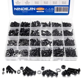 NINDEJIN 1060pcs 12.9 Grade Carbon Steel M2 M3 M4 M5 Metric Hex Socket Head Cap Bolts Screws Nuts Washers Assortment Kit with Hex Wrenches (Round Head Cap)