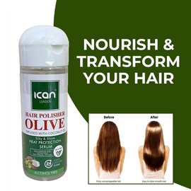ican London Hair Polisher Olive Oil Infused With Coconut Oil Heat protection Serum Alcohol Free 207ml