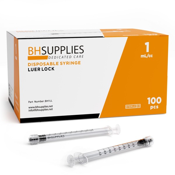 BH Supplies 1ml Luer Lock Tip Syringes (No Needle) - Sterile, Individually Wrapped - 100 Syringes