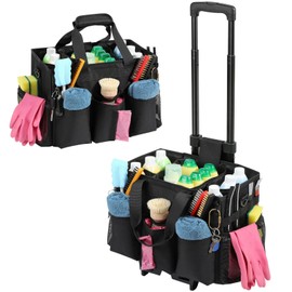 Housolution Housolution Rolling Cleaning Caddy Bag with Detachable Trolley, Professional Portable Large Cleaning Bag with Wheels, Wearable Cleaning Supply Bag on Wheels for Housekeepers, Black