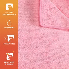 Arkwright Microfiber Glass Cleaning Cloths - (Pack of 12) Quick Absorbent Drying Set of Cleaning Towels, Perfect for Cars, Kitchen, Home and Gym, 16 x 16 in, Pink