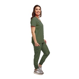 JDM Uniforms Womens 7 Pocket Scrub Set V-Neck Top and Jogger Pant Medical Nursing Uniform-Olive-Small